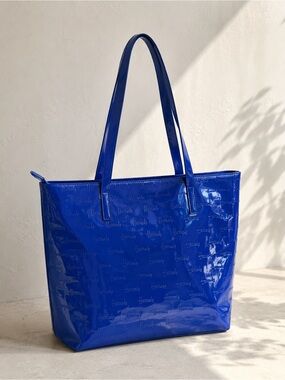 Harrods Embossed Patent Shopper Tote Cobalt Blue